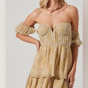 ASTR The Label Off Shoulder Two Tier Floral Mini Dress - Yellow multi floral